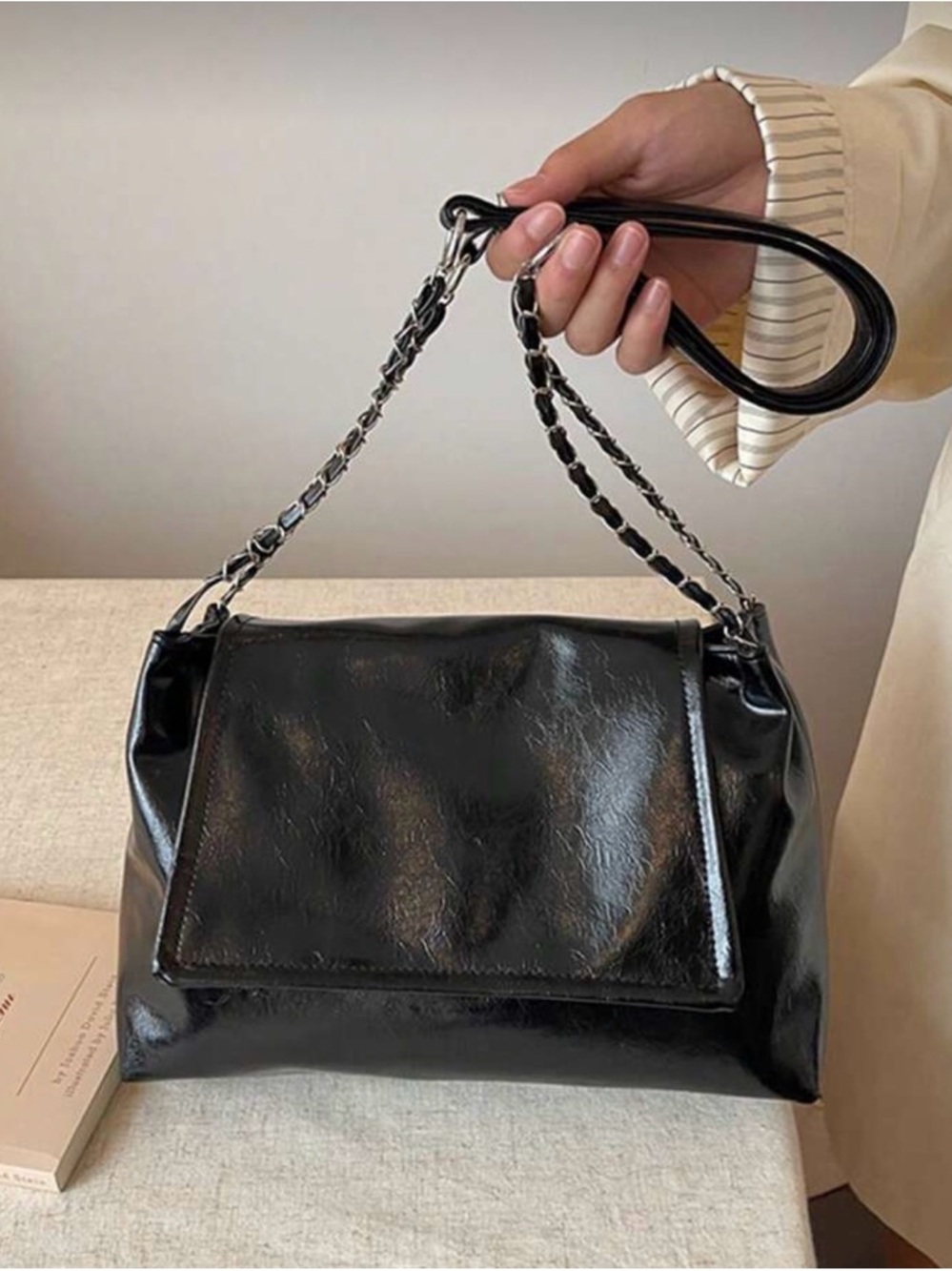 Elegant Black Patent Shoulder Bag with Chain Accent